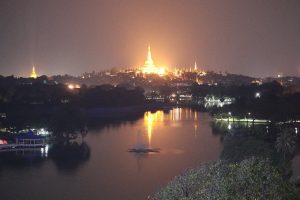 Kandawgyi Lake at Night and the Great Shwedagon Pagoda by Day